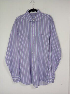 Bugatchi Uomo Mens Classic Fit Purple Stripe Button-Up Shirt 100% Cotton Size L